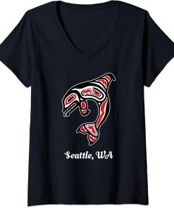 Womens Native American Seattle WA Red Orca Killer Whale V-Neck T-Shirt