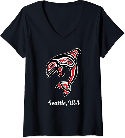 Womens Native American Seattle WA Red Orca Killer Whale V-Neck T-Shirt